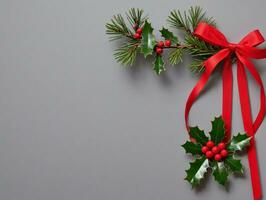 Natale agrifoglio con rosso nastro e agrifoglio frutti di bosco su grigio sfondo. ai generato foto