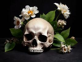 un' cranio con fiori su esso. ai generato foto