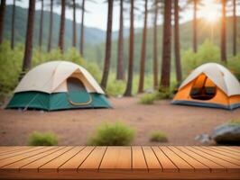 di legno tavolo con tenda nel il foresta. ai generato foto