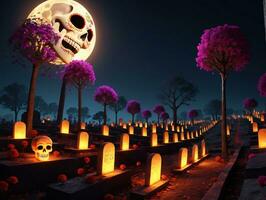 un' cimitero con un' cranio e un' pieno Luna. ai generato foto