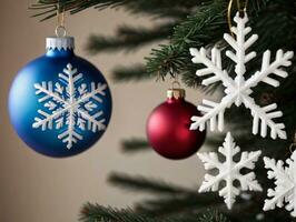 un' Natale albero con i fiocchi di neve e ornamenti. ai generato foto