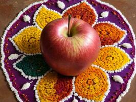 un' rosso Mela seduta su un' coloritamente decorato fiorito tavolo. ai generato foto