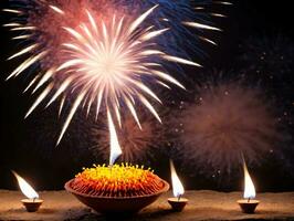 un' compleanno torta con illuminato candele e fuochi d'artificio. ai generato foto