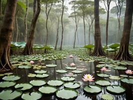 un' stagno con acqua lillies e alberi. ai generato foto