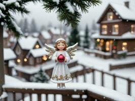 un' Natale onome sospeso a partire dal un' albero. ai generato foto