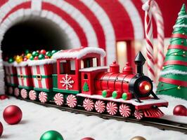 un' giocattolo treno con un' Natale albero e caramella canne. ai generato foto