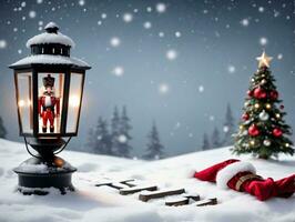 un' Natale scena con un' lanterna e un' Natale albero. ai generato foto