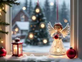 un' Natale angelo seduta su un' finestra sì. ai generato foto