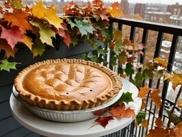 un' torta su un' piatto su un' balcone. ai generato foto