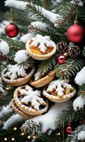 foto di Natale coperto di neve pino albero con sospeso tritare torte e tintinnio campane. ai generato