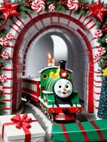 foto di Natale giocattolo treno andando attraverso un' tunnel di i regali e caramella canne. ai generato