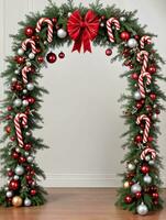 foto di Natale caramella canna arco con sospeso vischio e ornamenti. ai generato