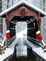 foto di Natale coperto di neve ponte con sospeso calze autoreggenti e ghiaccioli. ai generato