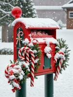 foto di Natale coperto di neve cassetta postale pieno con caramella canne e bicchiere ornamenti. ai generato