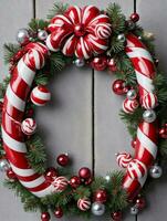 foto di Natale ghirlanda intrecciate con caramella canna strisce e bicchiere ornamenti. ai generato