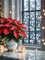 foto di Natale poinsettia pianta circondato di i fiocchi di neve e Fata luci su un' marmo tavolo Il prossimo per un' mille dollari finestra. ai generato