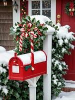 foto di Natale coperto di neve cassetta postale pieno con caramella canne e agrifoglio le foglie al di fuori un' caratteristico villetta. ai generato