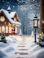 foto di Natale nevoso impronte principale per un' schiaccianoci accanto un' lanterna nel un' magico inverno Paese delle meraviglie. ai generato