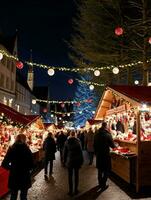 foto di Natale Natale mercato bancarelle a notte. ai generato