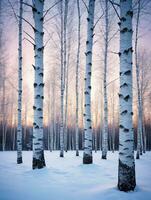 foto di Natale nevoso betulla alberi a crepuscolo. ai generato