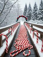 foto di Natale caramella canne decorazione un' nevoso ponte. ai generato