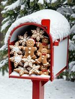 foto di Natale coperto di neve cassetta postale pieno con Pan di zenzero biscotti. ai generato