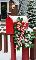 foto di Natale coperto di neve cassetta postale pieno con caramella canne e agrifoglio le foglie. ai generato