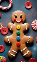 foto di Natale Pan di zenzero uomo con colorato pulsanti. ai generato