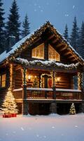 un' calorosamente illuminato cabina con Natale decorazioni nel il neve. ai generato foto