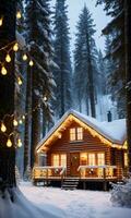 un' di legno cabina con caldo Natale luci nel un' nevoso foresta. ai generato foto