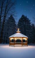 scintillio luci su un' coperto di neve gazebo a crepuscolo. ai generato foto