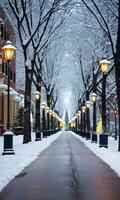 un' strada foderato con coperto di neve alberi e Natale luci. ai generato foto