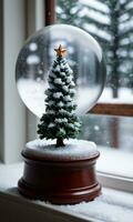 un' neve globo con un' Natale albero posto su un' nevoso finestra davanzale tiro a alba. ai generato foto