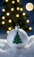 Natale albero ornamenti riposo su un' coperta di fresco neve sotto il morbido chiaro di luna. ai generato foto