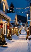 un' nevoso villaggio strada a crepuscolo con le case ornato di colorato Natale luci d'oro campane e ghirlande. ai generato foto