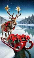 foto di Natale renna traino un' slitta pieno con poinsettia impianti e d'oro stelle al di sopra di un' scintillante congelato lago. ai generato