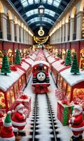 foto di Natale giocattolo treno andando attraverso un' tunnel di i regali e caramella canne nel un' vivace treno stazione. ai generato