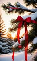 foto di Natale pino albero rami drappeggiato con rosso nastri e i fiocchi di neve contro un' tela di il ambientazione sole. ai generato