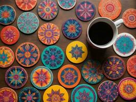 un' tazza di caffè e colorato sottobicchieri. ai generato foto