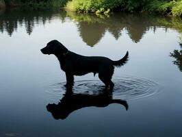 un' cane in piedi nel un' corpo di acqua. ai generato foto