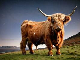 un' lungo cornuto mucca in piedi su un' erboso collina. ai generato foto