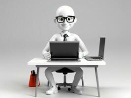 un' 3d uomo seduta a un' scrivania con un' il computer portatile. ai generato foto