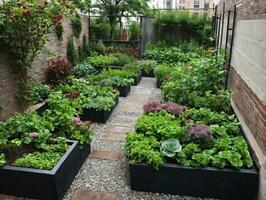 un' giardino con molte di impianti e fiori. ai generato foto