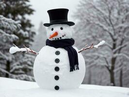 un' pupazzo di neve con un' cappello e sciarpa Su. ai generato foto