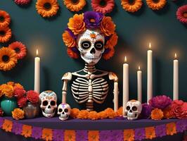 un' scheletro con fiori e candele su un' tavolo. ai generato foto