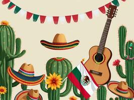 un' messicano chitarra cappello e cactus con un' messicano bandiera. ai generato foto