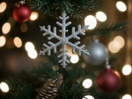 un' fiocco di neve ornamento su un' Natale albero. ai generato foto