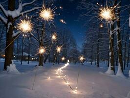 scintille nel il neve a notte. ai generato foto
