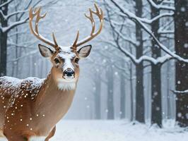 un' cervo in piedi nel il neve nel un' foresta. ai generato foto