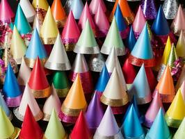 un' gruppo di colorato festa cappelli. ai generato foto